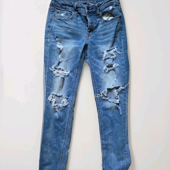 American Eagle AE Stretch Ripped Mom Jeans Hi Rise 4 Distressed Straight Leg - Picture 3 of 11